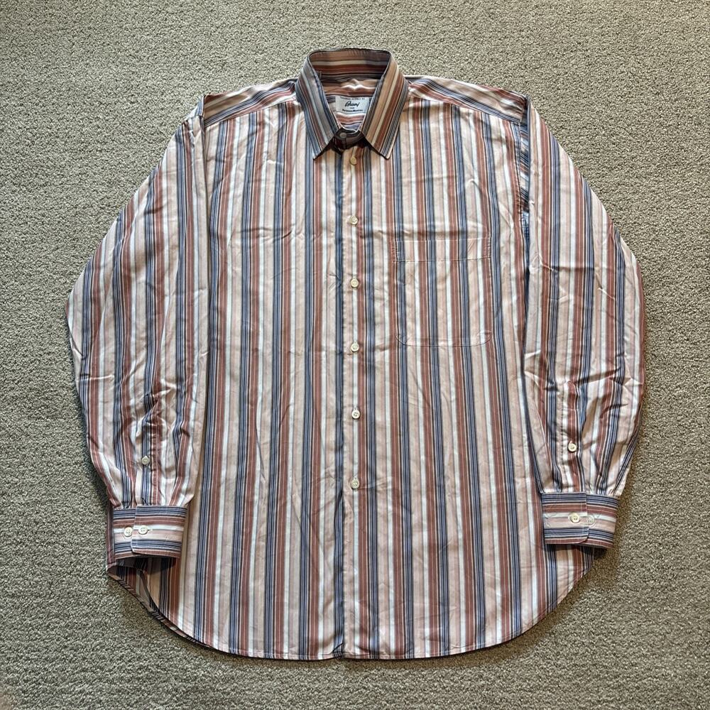 Brioni Neiman Marcus Mens Blue White Striped Dress Shirt Tailored in Italy